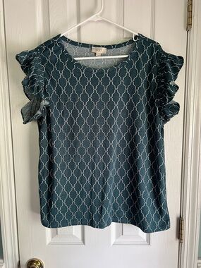 LOFT Teal Patterned Ruffle Sleeve Blouse